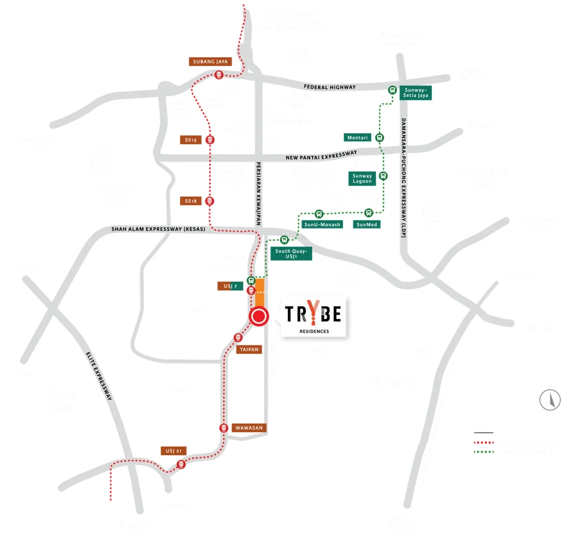 Location map of Trybe Residences beside USJ7 Station on the LRT and BRT lines, between KESAS, ELITE and the LDP