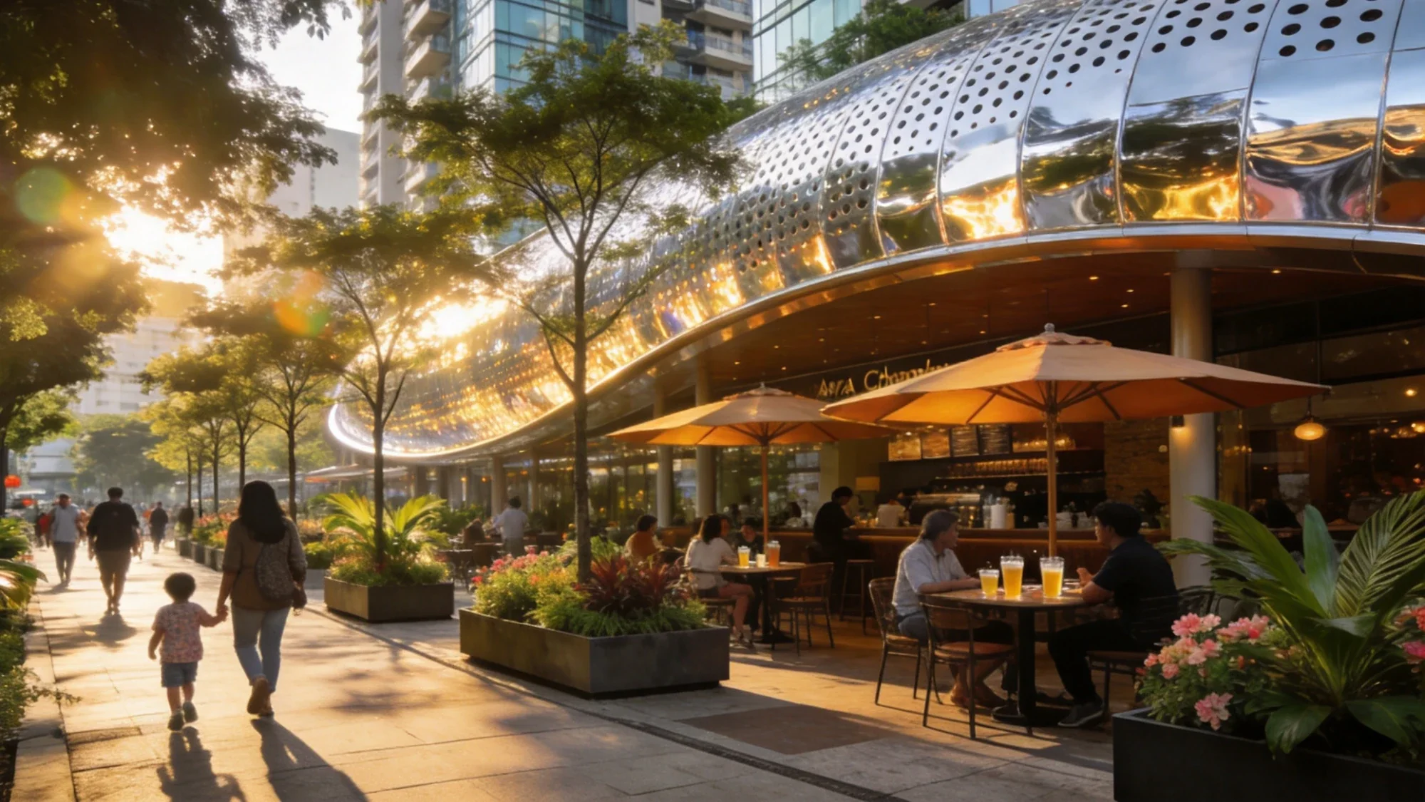 Subang Jaya Xchange streetscape with cafes, trees and a landscaped walkway